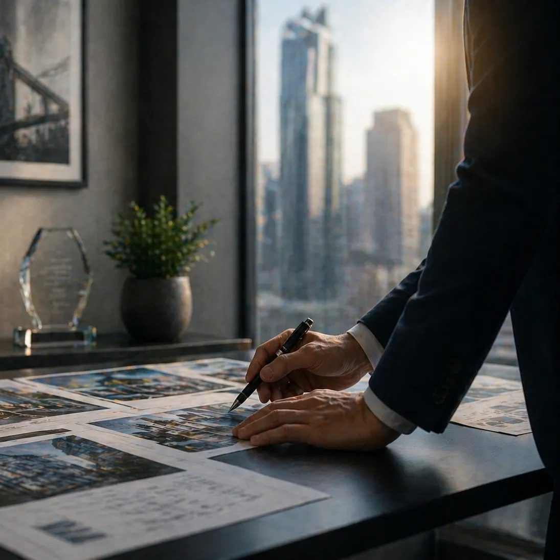 Property plans laid out on a desk above a city view